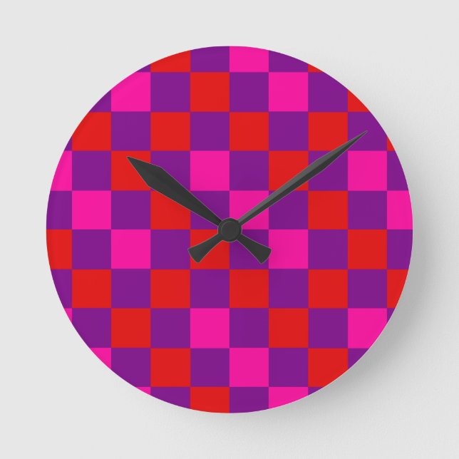 Red Purple Pink Checkered Pattern Design  Round Clock (Front)