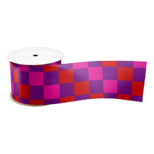 Red Purple Pink Checkered Pattern Design Satin Ribbon