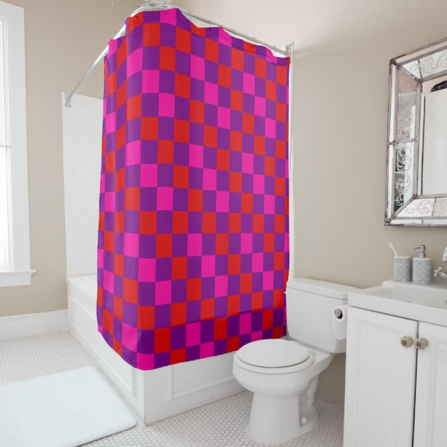 Red Purple Pink Checkered Pattern Design  Shower Curtain (In Situ)