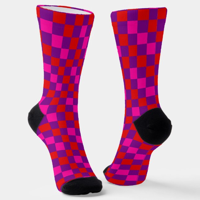 Red Purple Pink Checkered Pattern Design  Socks (Angled)