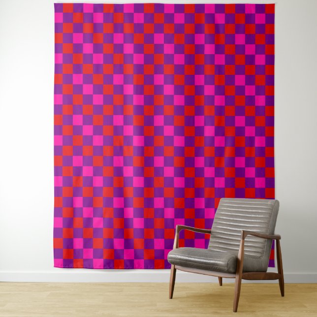 Red Purple Pink Checkered Pattern Design  Tapestry (In Situ)
