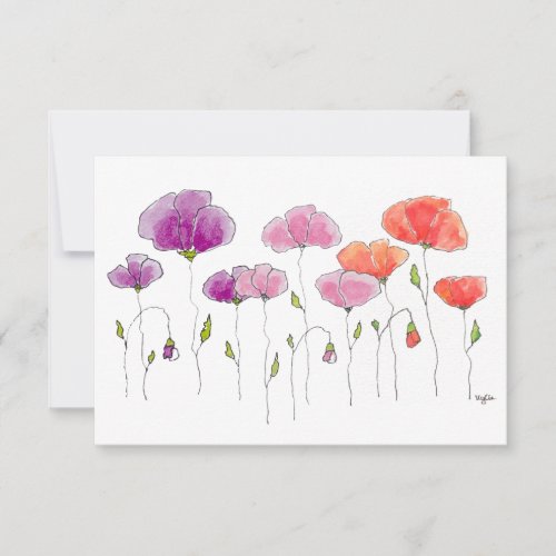 Red Purple  Pink Poppies Original Watercolour Thank You Card