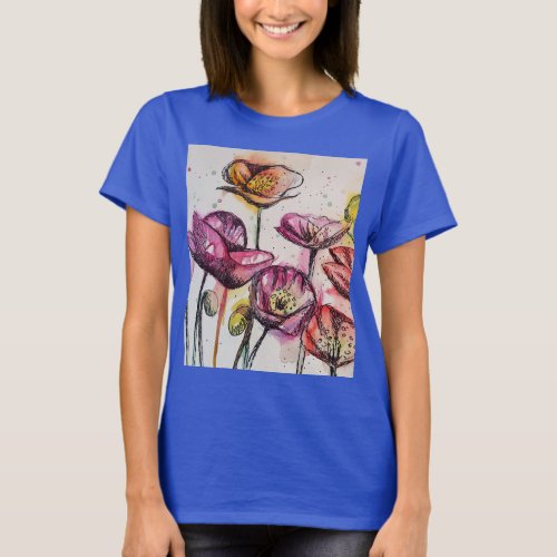 Red Purple Pink Poppy floral Watercolor art T_Shir T_Shirt