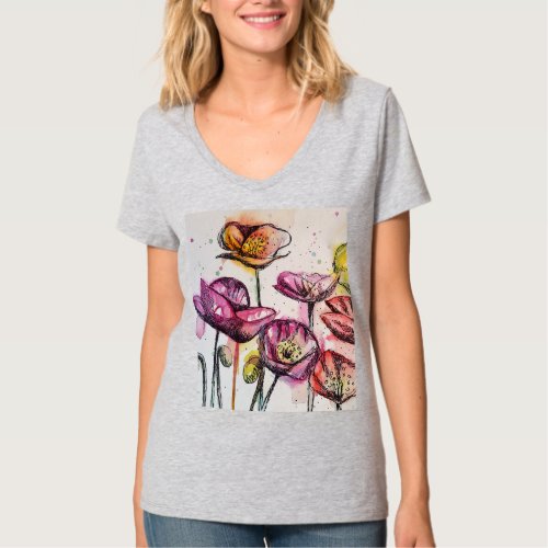 Red Purple Pink Poppy floral Watercolor art T_Shirt