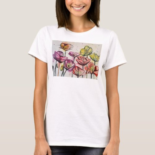 Red Purple Pink Poppy floral Watercolor art T_Shirt