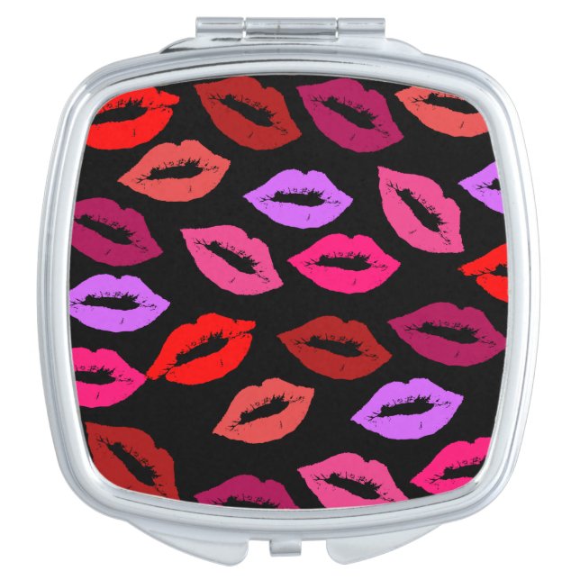 Red, Purple, Pink Pucker Lip Pattern Compact Mirror (Front)