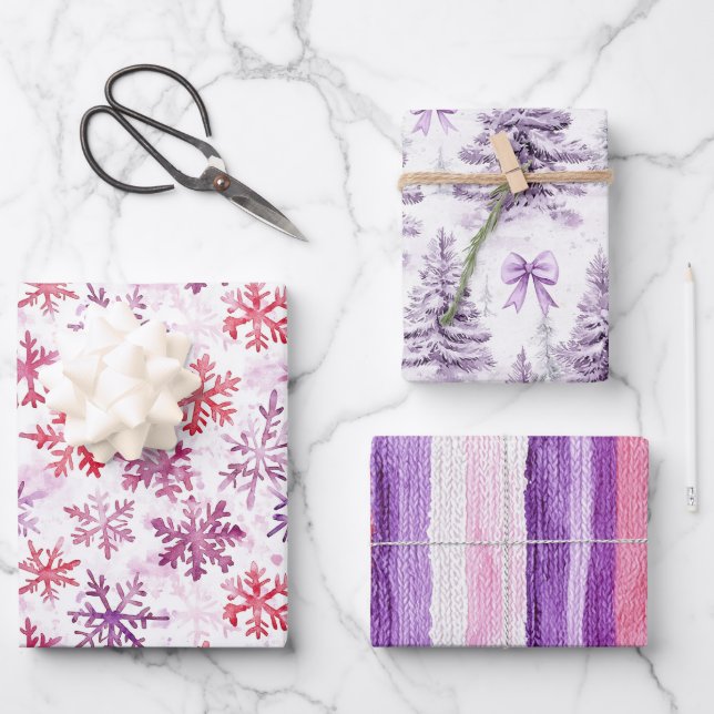 Red Purple Snowflakes Christmas Tree Stripes Wrapping Paper Sheets (Front)