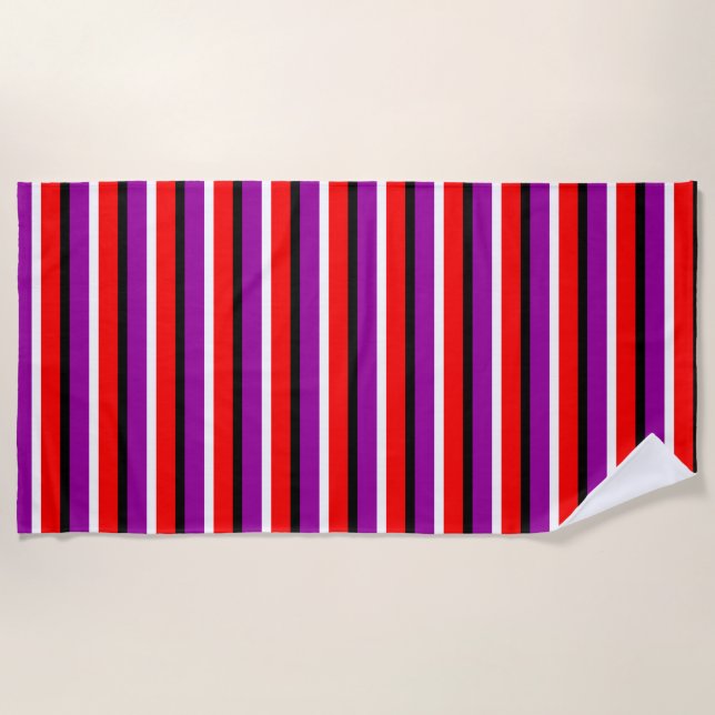 Red Purple Stripes Pattern Design Beach Towel (Front)