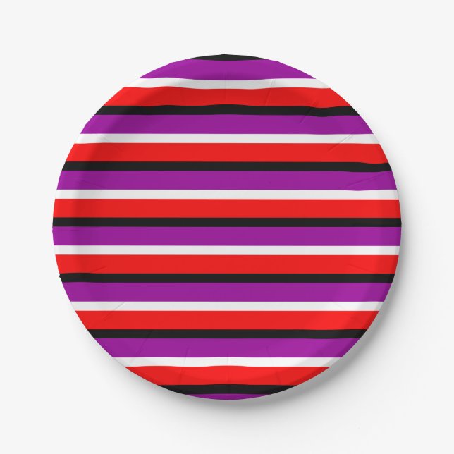 Red Purple Stripes Pattern Design Paper Plates (Front)