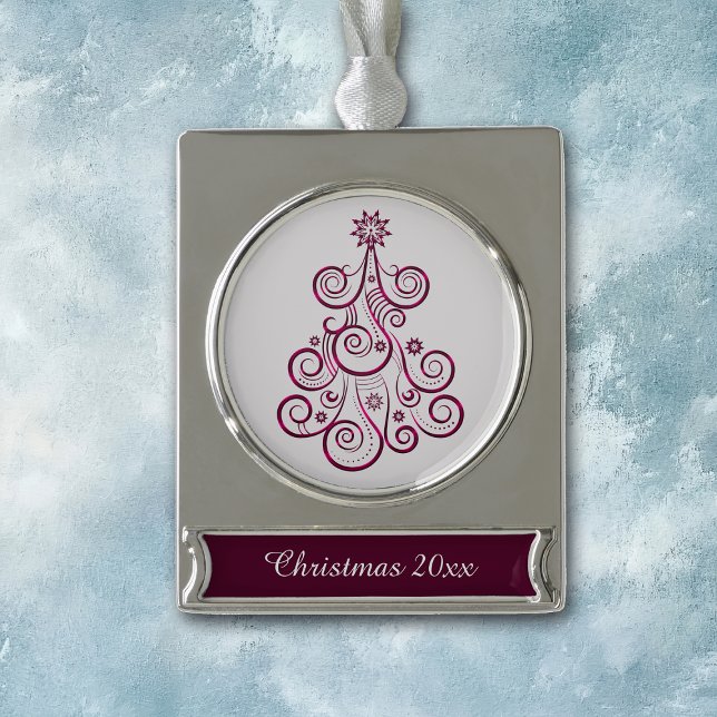 Red Purple Swirl Retro Holiday Tree Silver Plated Banner Ornament (Creator Uploaded)