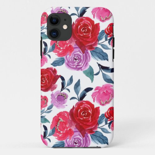 Red Purple Watercolor Floral  iPhone 11 Case