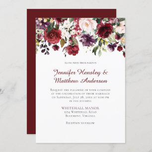 Red, Purple, White, Green Floral Drop Wedding Invitation