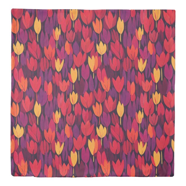 Red, purple, yellow tulip floral pattern duvet cover (Front)