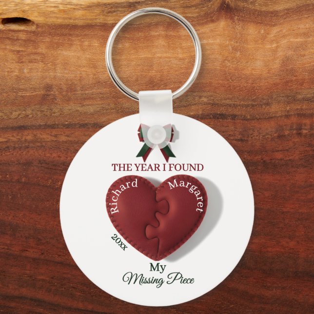 Red Puzzle Heart Missing Piece Custom Couple Names Keychain (Front)