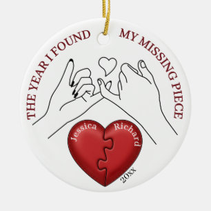 Red Puzzle Heart Pinky Promise Custom Couple Names Ceramic Ornament