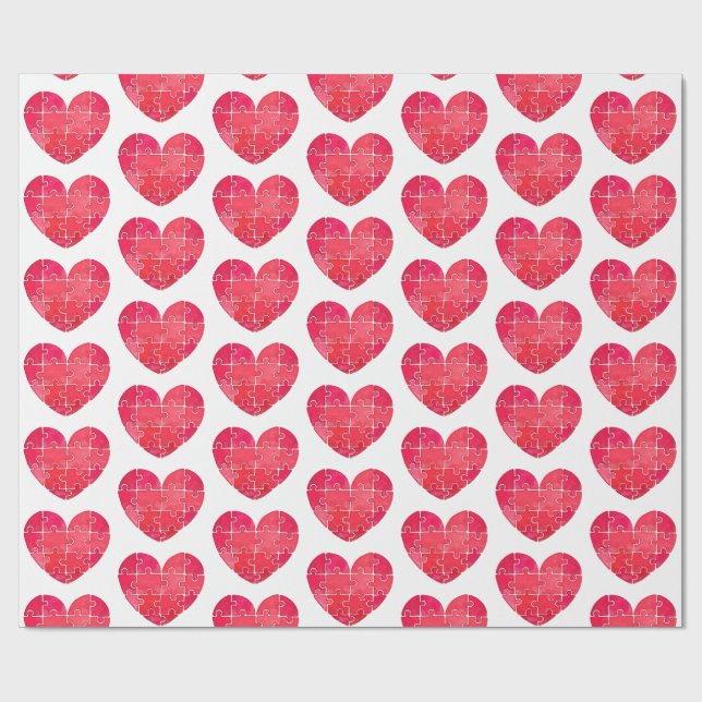 Red puzzle hearts, watercolor seamless pattern wrapping paper (Flat)