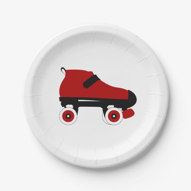 red quad roller derby skate paper plates (Front)