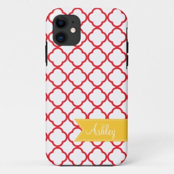 Red Quatre Foil With Custom Yellow Monogram Ribbon Iphone 11 Case by thepetitepear at Zazzle