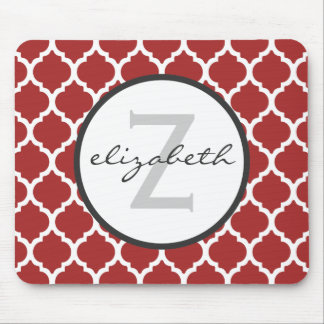 Red Quatrefoil Monogram Mouse Pad