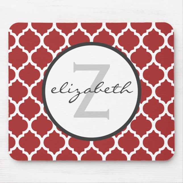 Red Quatrefoil Monogram Mouse Pad (Front)