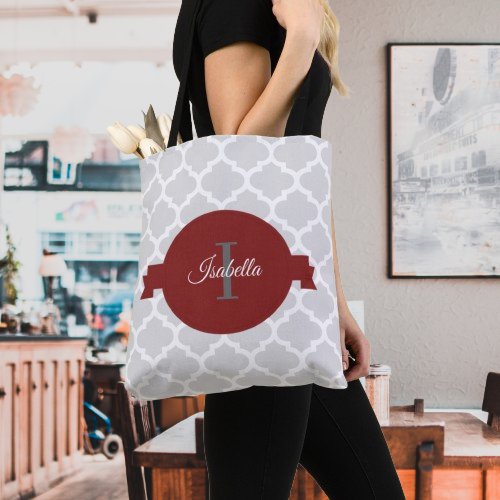 Red Quatrefoil Personalized Tote Bag