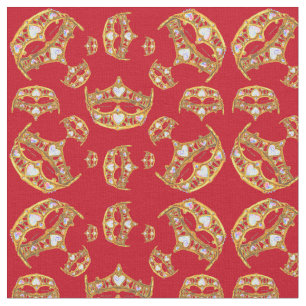 Red Queen of Hearts Gold Crown Repeat Design Fabric