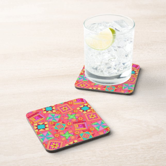 Red Quilt Block Art Coaster (Right Side)