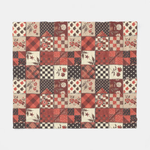 Red Quilt Patchwork Gingham Cottagecore Floral Fleece Blanket