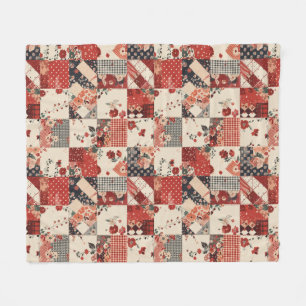 Red Quilt Patchwork Gingham Cottagecore Floral Fleece Blanket