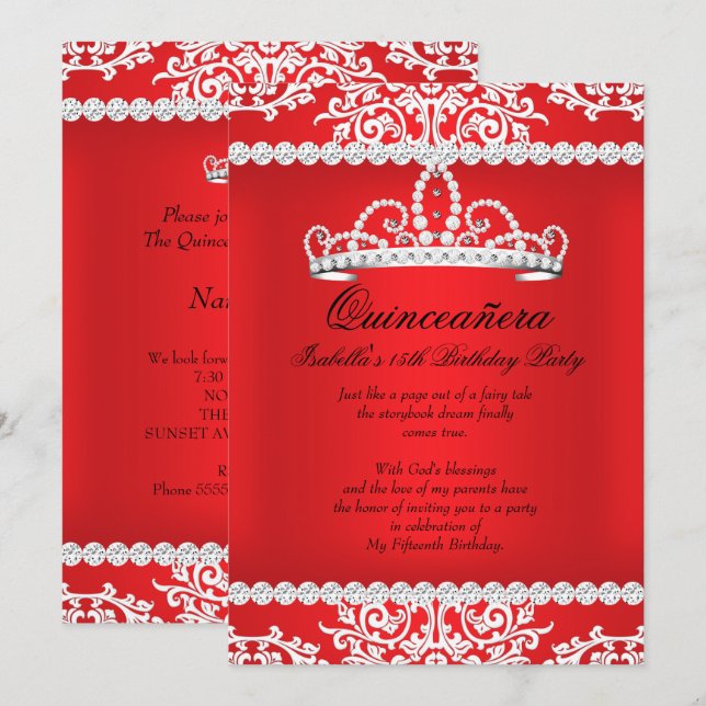 Red Quinceanera 15th Birthday Party Tiara Invitation (Front/Back)