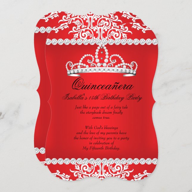 Red Quinceanera 15th Birthday Party Tiara Invitation (Front/Back)