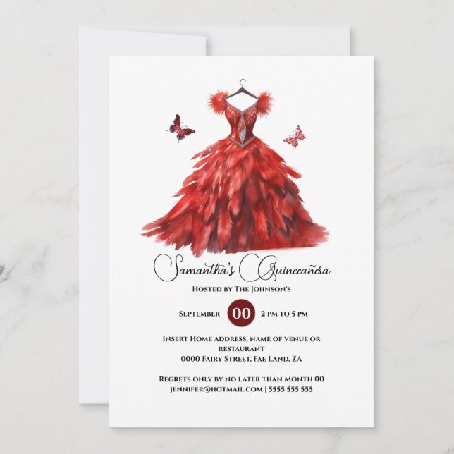 Red Quinceañera ballgown elegant butterfly 15th Invitation (Front)