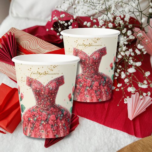 Red Quinceaera Dress Gold Roses Custom Paper Cups