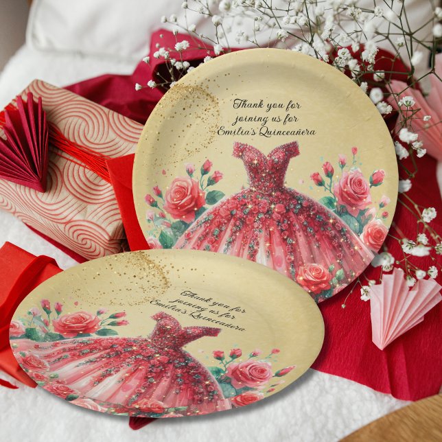Red Quinceañera Dress Gold Roses Custom Paper Plates (Creator Uploaded)