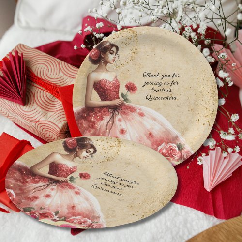 Red Quinceaera Dress Vintage Parchment Custom Paper Plates