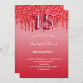 Red quinceanera glitter drips balloon luxurious invitation (Front/Back)