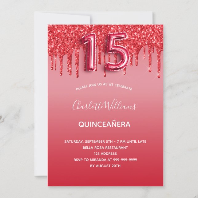 Red quinceanera glitter drips balloon luxurious invitation (Front)