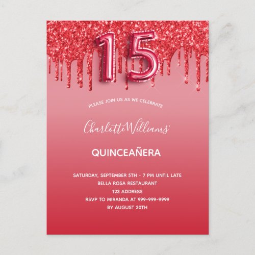 Red quinceanera glitter drips balloon luxurious invitation postcard