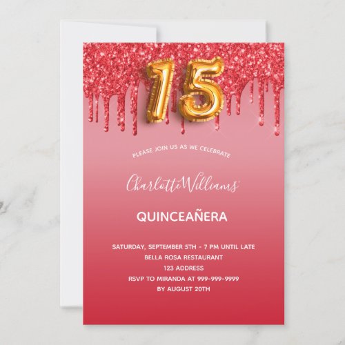 Red quinceanera glitter gold balloon luxurious invitation
