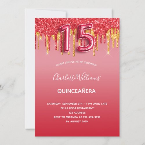 Red quinceanera glitter gold balloon luxurious invitation