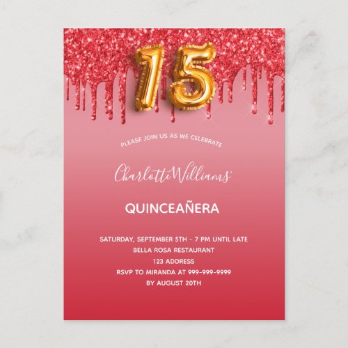 Red quinceanera glitter gold balloon luxurious invitation postcard