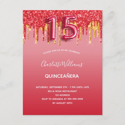 Red quinceanera glitter gold balloon luxurious invitation postcard