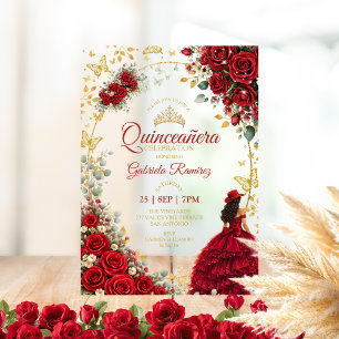Red Quinceañera Golden Butterflies Roses Acrylic Invitations