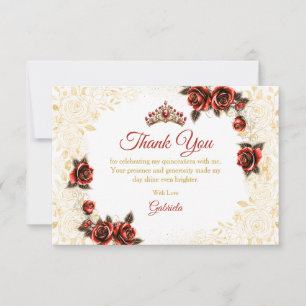 Red Quinceañera Golden Tiara Roses Thank You Card