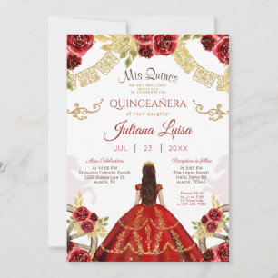 Red Quinceañera Mexican Gold Quince Horses Invitation