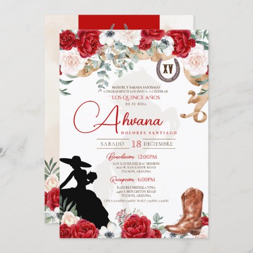 Red Quinceanera Rose Anemone Fancy CharraCowgirl  Invitation