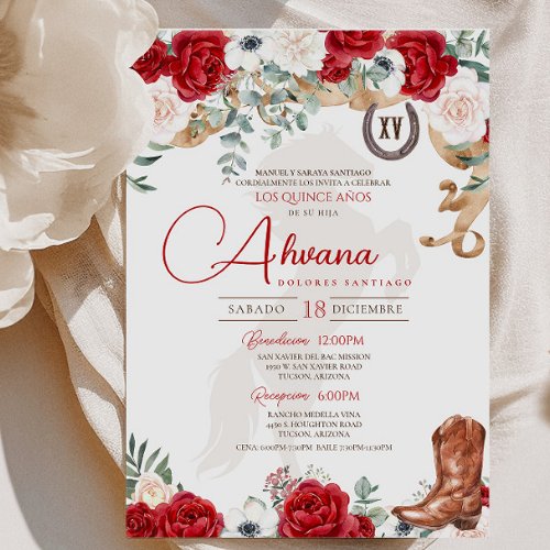 Red Quinceanera Rose Anemone Fancy CharroCowgirl  Invitation