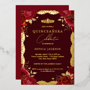 Red Quinceanera Rose Gold Lace Birthday Foil Invitation