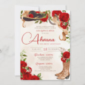 Red Quinceanera Roses Vintage Charro Western Flora Invitation (Front)