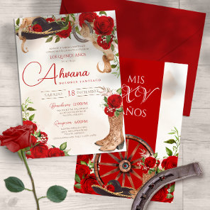 Red Quinceanera Roses Vintage Charro Western Flora Invitation